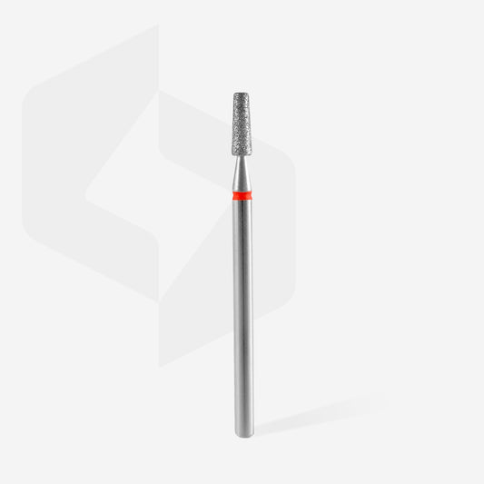 Fraise diamantée STALEKS PRO EXPERT FA70R025/8 forme cône tronqué rouge 2,5 mm pour le travail délicat des cuticules, des replis latéraux et des soins professionnels des ongles.