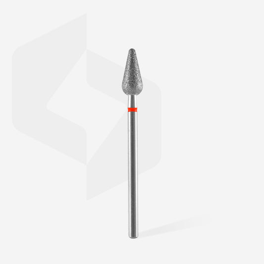 Fraise diamantée STALEKS PRO EXPERT FA101R050/12 poire arrondie rouge 5 mm pour le traitement délicat des cuticules, du ptérygion et des soins professionnels de manucure et pédicure.
