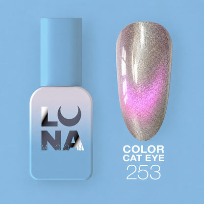 Vernis semi-permanent Color Cat Eye №253 avec effet œil de chat magnétique et base vitrail translucide pour nail art professionnel.