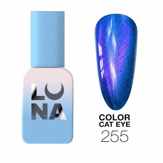 Vernis semi-permanent Color Cat Eye №255 avec effet œil de chat magnétique et base vitrail translucide pour nail art professionnel.