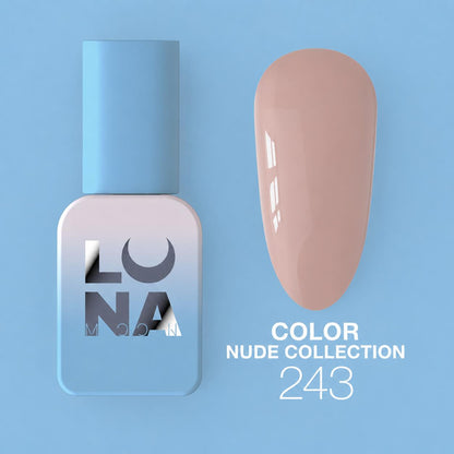 Vernis semi-permanent Color №243 hautement pigmenté avec texture auto-égalisante et finition brillante pour manucure professionnelle.