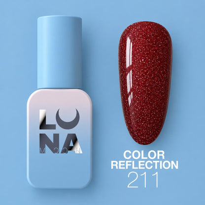 Vernis semi-permanent LUNAmoon réfléchissant color 211 avec effet lumineux intense, texture auto-égalisante et finition brillante pour manucure professionnelle.