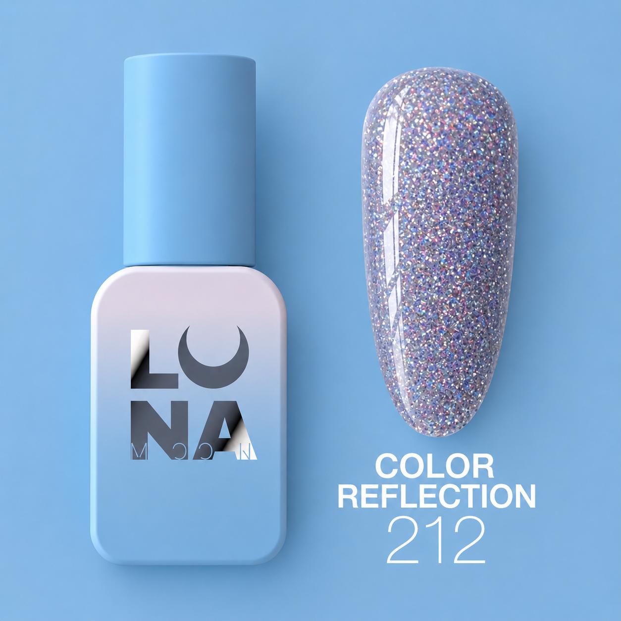 Vernis semi-permanent LUNAmoon réfléchissant color 212 avec effet lumineux intense, texture auto-égalisante et finition brillante pour manucure professionnelle.