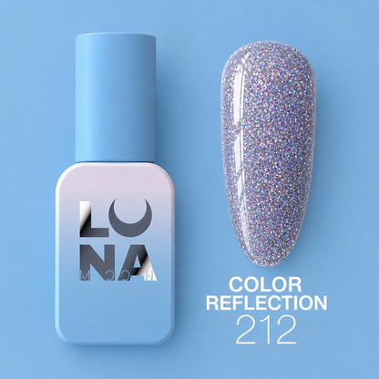 Vernis semi-permanent LUNAmoon réfléchissant color 212 avec effet lumineux intense, texture auto-égalisante et finition brillante pour manucure professionnelle.