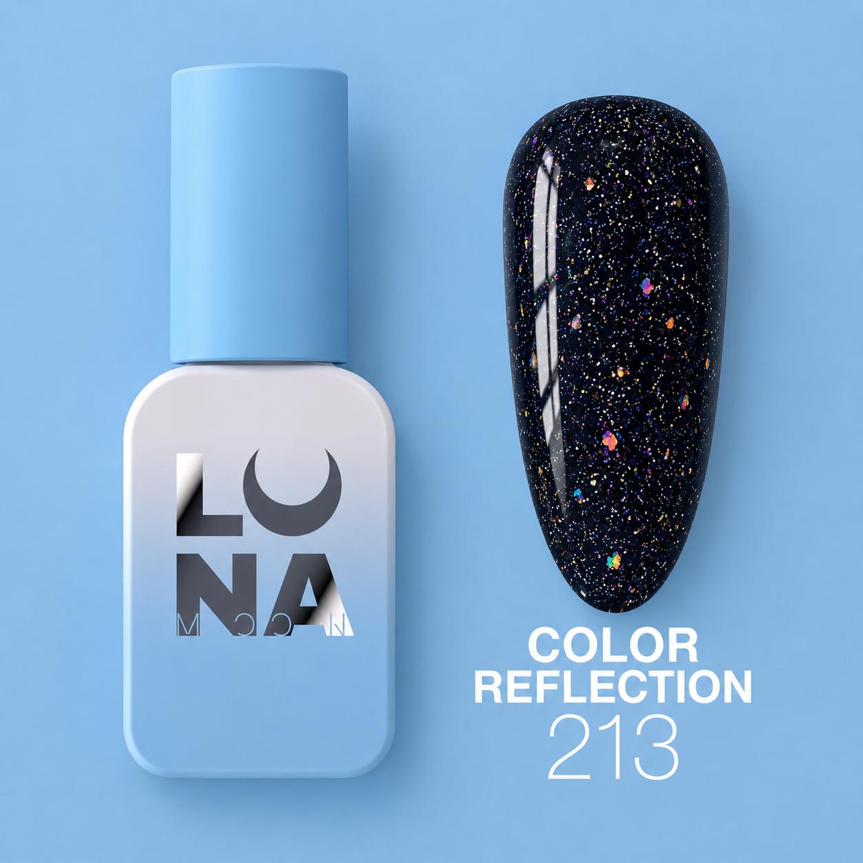 Vernis semi-permanent LUNAmoon réfléchissant color 213 avec effet lumineux intense, texture auto-égalisante et finition brillante pour manucure professionnelle.