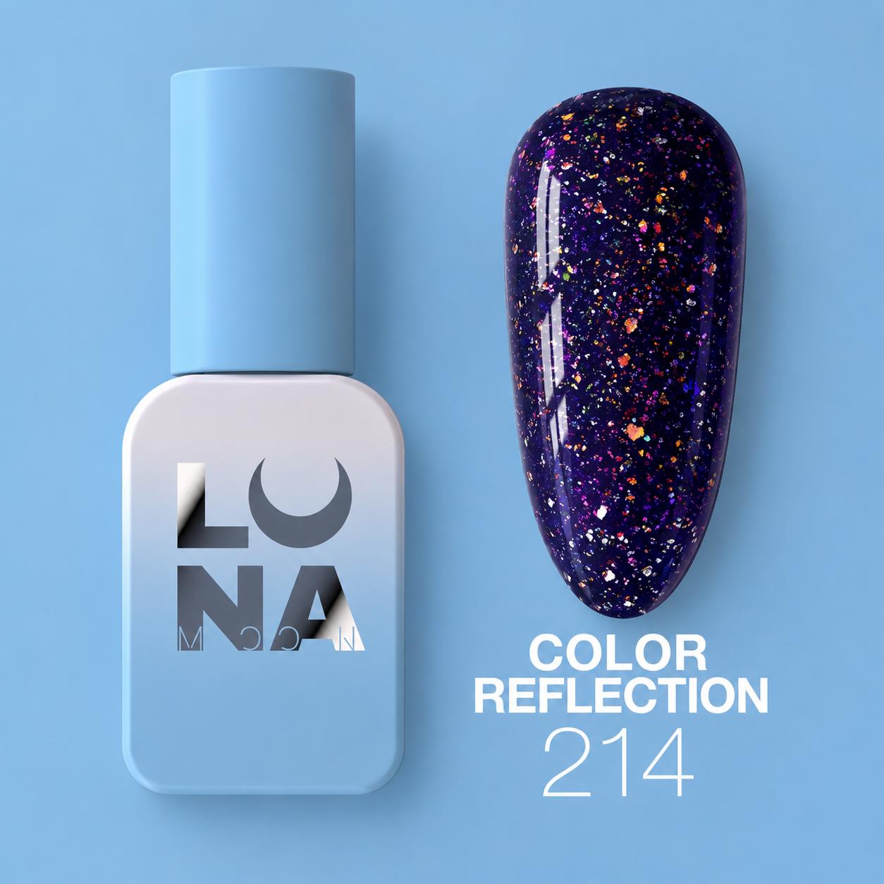 Vernis semi-permanent LUNAmoon réfléchissant color 214 avec effet lumineux intense, texture auto-égalisante et finition brillante pour manucure professionnelle.