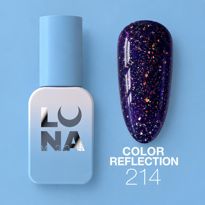 Vernis semi-permanent LUNAmoon réfléchissant color 214 avec effet lumineux intense, texture auto-égalisante et finition brillante pour manucure professionnelle.