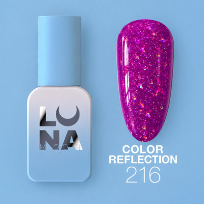 Vernis semi-permanent LUNAmoon réfléchissant color 224 avec effet lumineux intense, texture auto-égalisante et finition brillante pour manucure professionnelle.