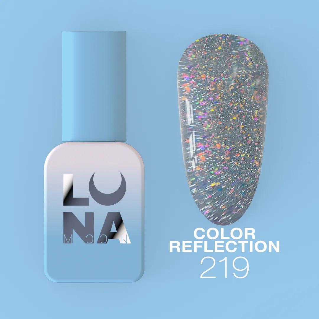 Vernis semi-permanent LUNAmoon réfléchissant color 219 avec effet lumineux intense, texture auto-égalisante et finition brillante pour manucure professionnelle.
