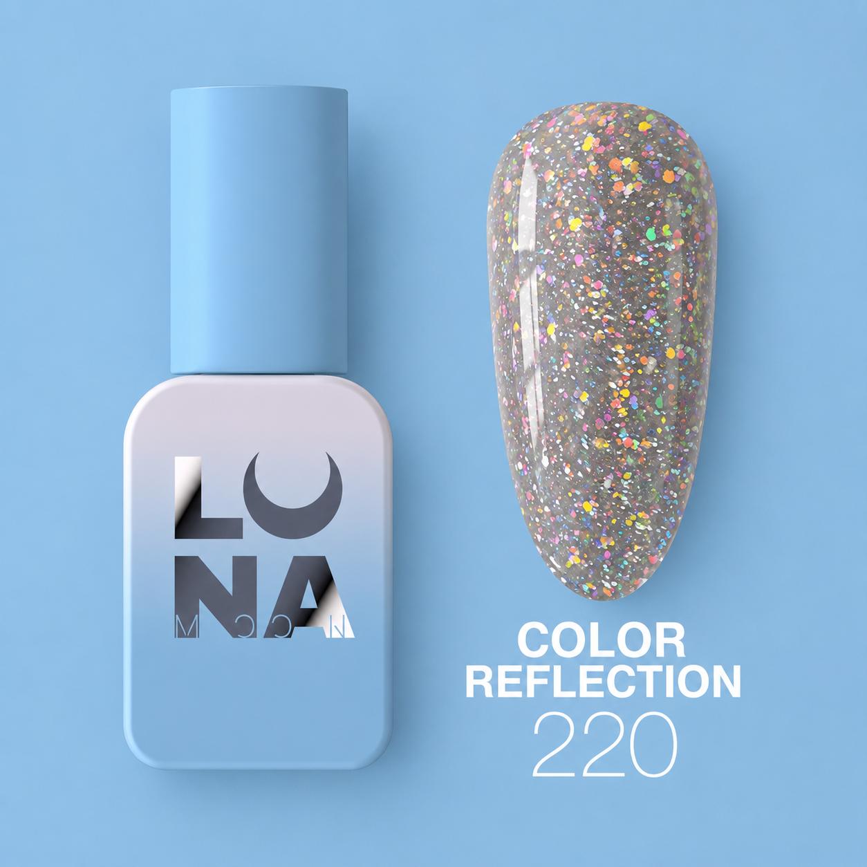 Vernis semi-permanent réfléchissant 220 avec effet lumineux intense, texture auto-égalisante et finition brillante pour manucure professionnelle.