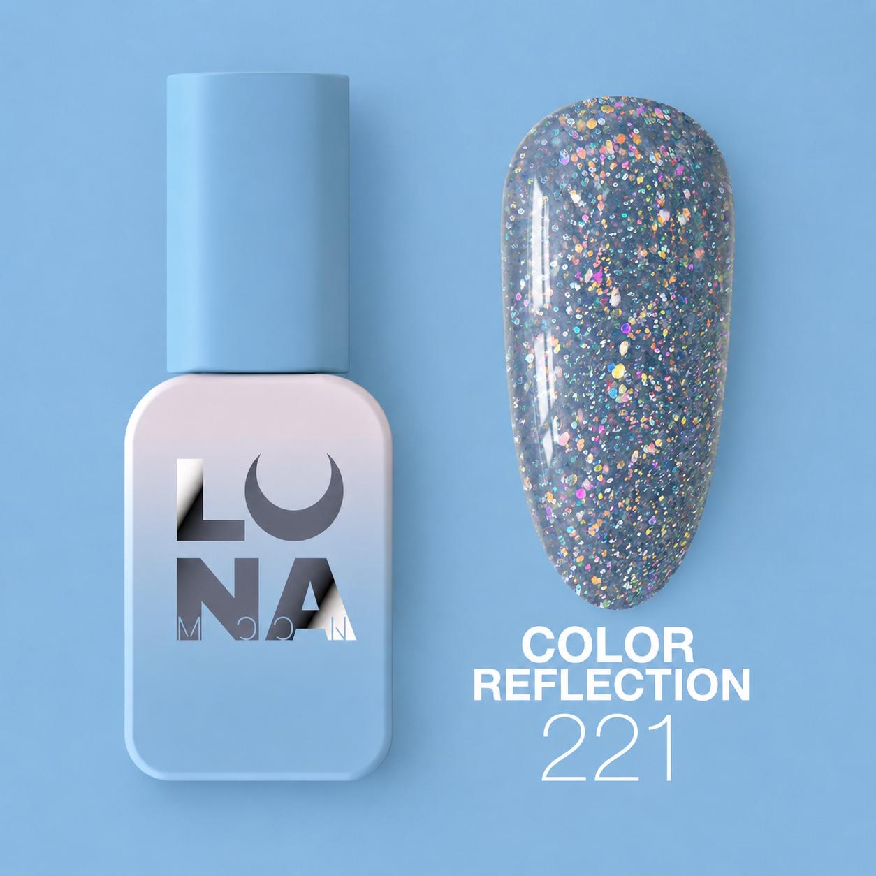 Vernis semi-permanent réfléchissant 221 avec effet lumineux intense, texture auto-égalisante et finition brillante pour manucure professionnelle.