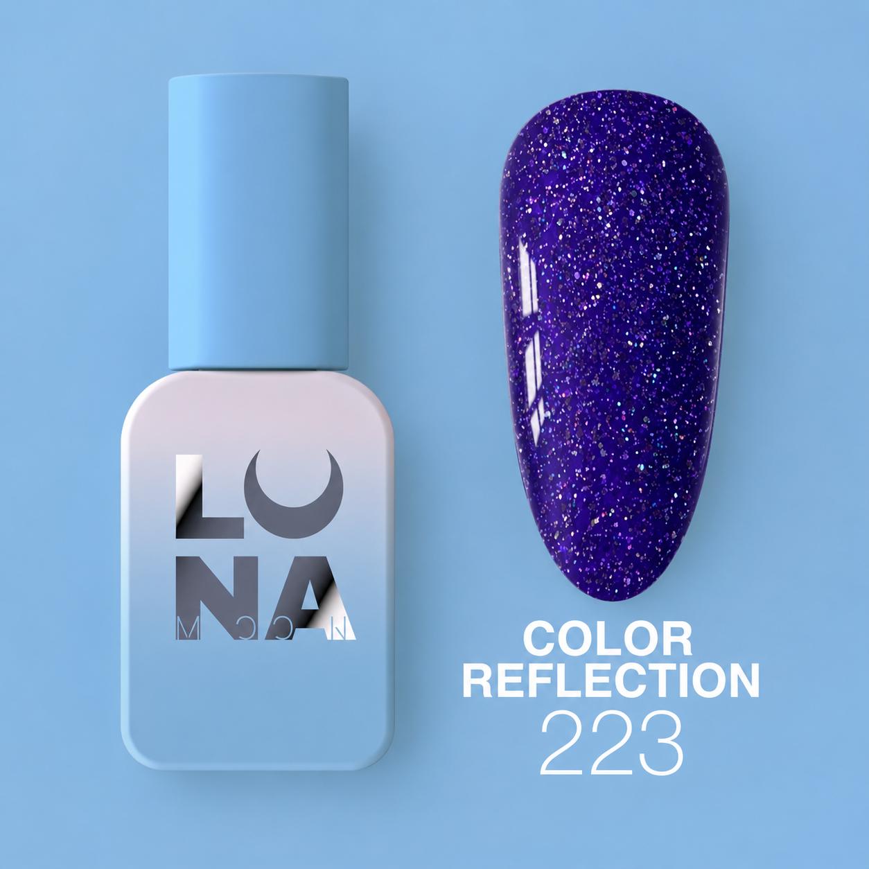 Vernis semi-permanent réfléchissant 223 avec effet lumineux intense, texture auto-égalisante et finition brillante pour manucure professionnelle.