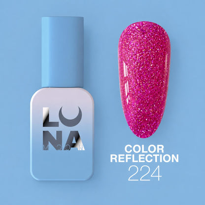 Vernis semi-permanent LUNAmoon réfléchissant color 224 avec effet lumineux intense, texture auto-égalisante et finition brillante pour manucure professionnelle.